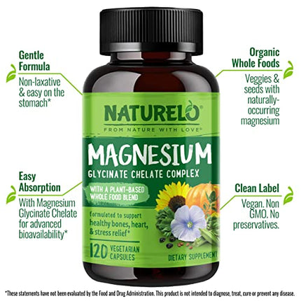 NATURELO Magnesium Glycinate Chelate Complex - 200 mg Magnesium with Organic Vegetables to Support Sleep, Calm, Muscle Cramp & Stress Relief – Gluten Free, Non GMO - 120 Capsules in India
