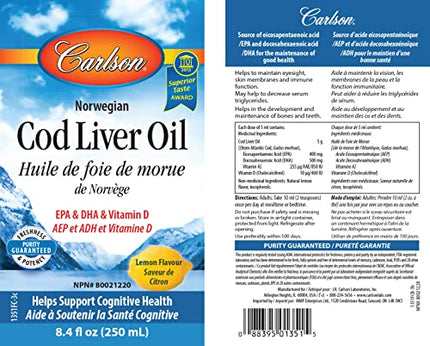 Carlson - Cod Liver Oil, 1100 mg Omega-3s, Liquid Fish Oil Supplement, Wild-Caught Norwegian Arctic Cod-Liver Oil, Sustainably Sourced Nordic Fish Oil Liquid, Lemon, 250 ml in India