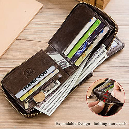 BULLCAPTAIN Genuine Leather Wallet for Men Large Capacity ID Window Card Case with Zip Coin Pocket QB-231 (Coffee)