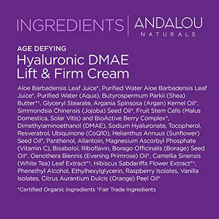 Andalou Naturals Hyaluronic Dmae Lift Firm Skin Cream, Face Moisturizer with Anti Aging Antioxidants, Hydrating, Helps Reduce Fine Lines and Wrinkles, 1.7 Ounce