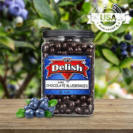 Gourmet Dark Chocolate Blueberries by It’s Delish, 3 LBS Jumbo Container Jar | Dark Chocolate Covered Fruit with Real Dried Blueberries | Kosher and Vegan Snack