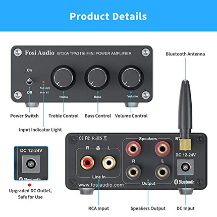 Fosi Audio BT20A Bluetooth 5.0 Stereo Audio 2 Channel Amplifier Receiver Mini Hi-Fi Class D Integrated Amp 2.0 CH for Home Speakers 100W x 2 with Bass and Treble Control TPA3116 (with Power Supply)