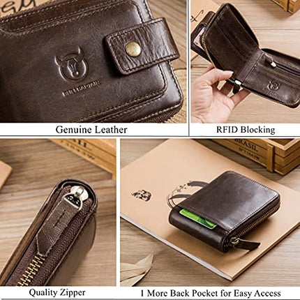 BULLCAPTAIN Genuine Leather Wallet for Men Large Capacity ID Window Card Case with Zip Coin Pocket QB-231 (Coffee) in India
