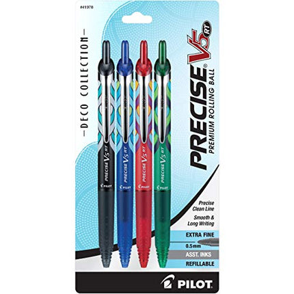 PILOT Precise V5 RT Deco Collection Refillable & Retractable Liquid Ink Rolling Ball Pens, Extra Fine Point (0.5mm) Black/Blue/Red/Green Inks, 4-Pack (41978) in India