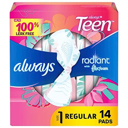 Buy Always Radiant FlexFoam Teen Pads Regular Absorbency, 100% Leak Free Protection is possible, with Wings, Unscented, 14 Count India