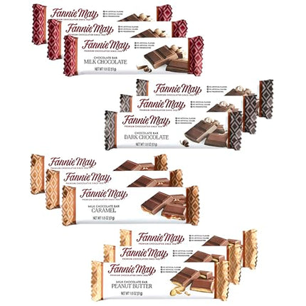 Fannie May, 12 Chocolate Candy Bars, Milk Chocolate, Caramel, Peanut Butter And Dark Chocolate, Variety Pack, 1.8 Oz Each