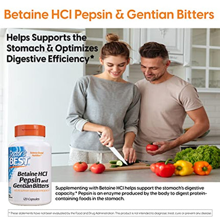 Doctor's Best Betaine HCI Pepsin & Gentian Bitters, Digestive Enzymes for Protein Breakdown & Absorption, Non-GMO, Gluten Free, 120 Caps, Original Version (DRB-00163) in India