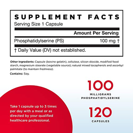 Jarrow Formulas PS 100 - 120 Capsules - 100 mg Phosphatidylserine (PS) - Supports Brain Health - Soy Free - Up to 120 Servings
