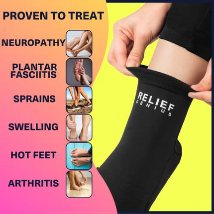 Relief Genius Cold Therapy Socks with Reusable Gel ice Packs - Achieve Relief from Sprains, Muscle Pain, Bruises, Swelling, Edema, Chemotherapy, Arthritis, Post Partum Foot (Black, Large)