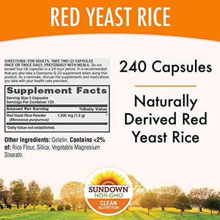 Sundown Red Yeast Rice 1200 mg Capsules (240 Count), Naturally Derived, Gluten Free, Dairy Free, Non-GMOˆ, Free of Gluten, Dairy, Artificial Flavors (Packaging May Vary) in India