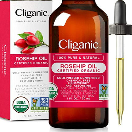 Cliganic USDA Organic Rosehip Seed Oil for Face, 100% Pure | Natural Cold Pressed Unrefined Non-GMO | Carrier Oil for Skin, Hair & Nails in India