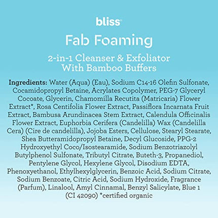 Bliss Fab Foaming 2-In-1 Cleanser & Exfoliator with Bamboo Buffers | Oil-Free Gel | Paraben/ Cruelty Free | 6.4 fl oz