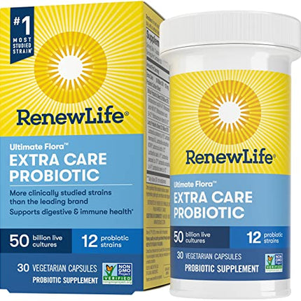 Renew Life Adult Probiotics 50 Billion CFU Guaranteed, 12 Strains, For Men & Women, Shelf Stable, Gluten Dairy & Soy Free, 30 Capsules, Ultimate Flora Extra Care- 60 Day Money Back Guarantee in India