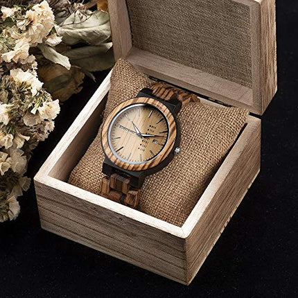 BOBO BIRD Mens Wooden Watch Analog Quartz with Week Display Lightweight Handmade Wood Wrist Watch for Men (Brown Dial)