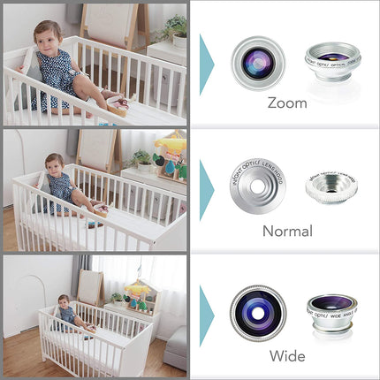 Baby Monitor with Interchangeable Optical Lenses showing Zoom, Normal and Wide Camera Range 