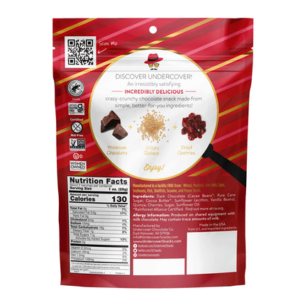UNDERCOVER CHOCOLATE QUINOA CRISPS – DARK CHOCOLATE VARIETY 8-PACK - 2 Dk Choc + Sea Salt, 2 Dk Choc + Blueberries, 2 Dk Choc + Cherries, 2 Dk Choc + Pomegranate | 8 Pack of 2oz Bags