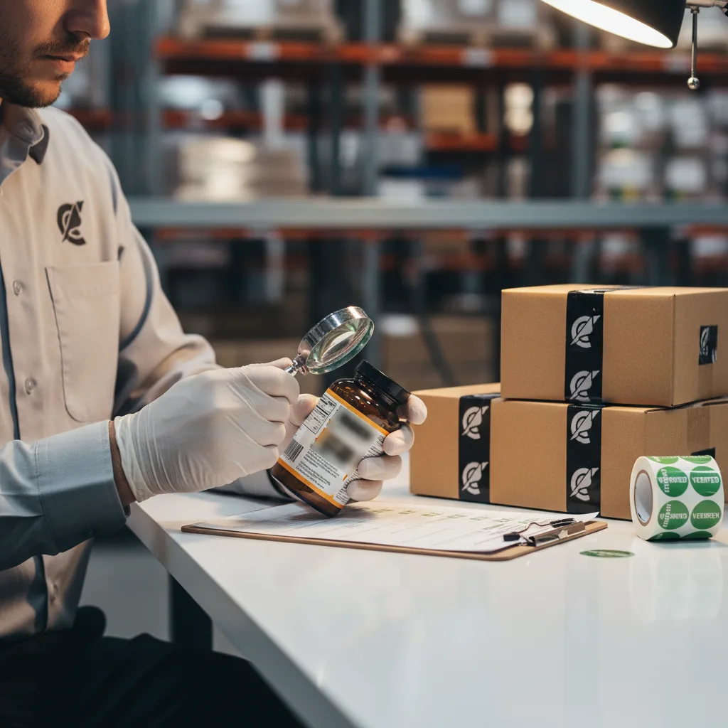 A CrowCrowCrow quality inspector in uniform examining a genuine sealed US product through a magnifying loupe at a verification table, beside CrowCrowCrow tamper-taped boxes and a verified checklist