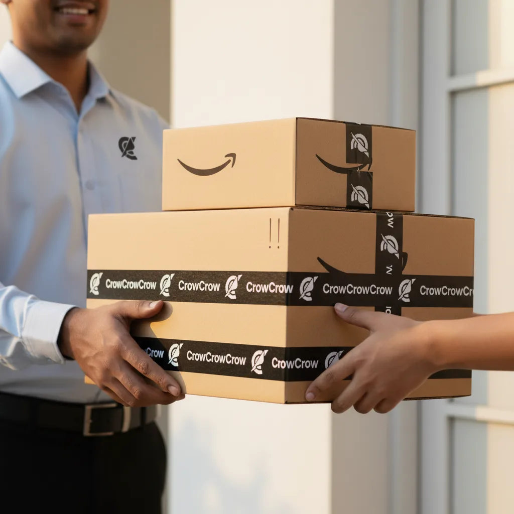 A CrowCrowCrow courier handing a stack of original Amazon boxes, sealed with CrowCrowCrow-branded tape, to a customer at a bright modern doorstep