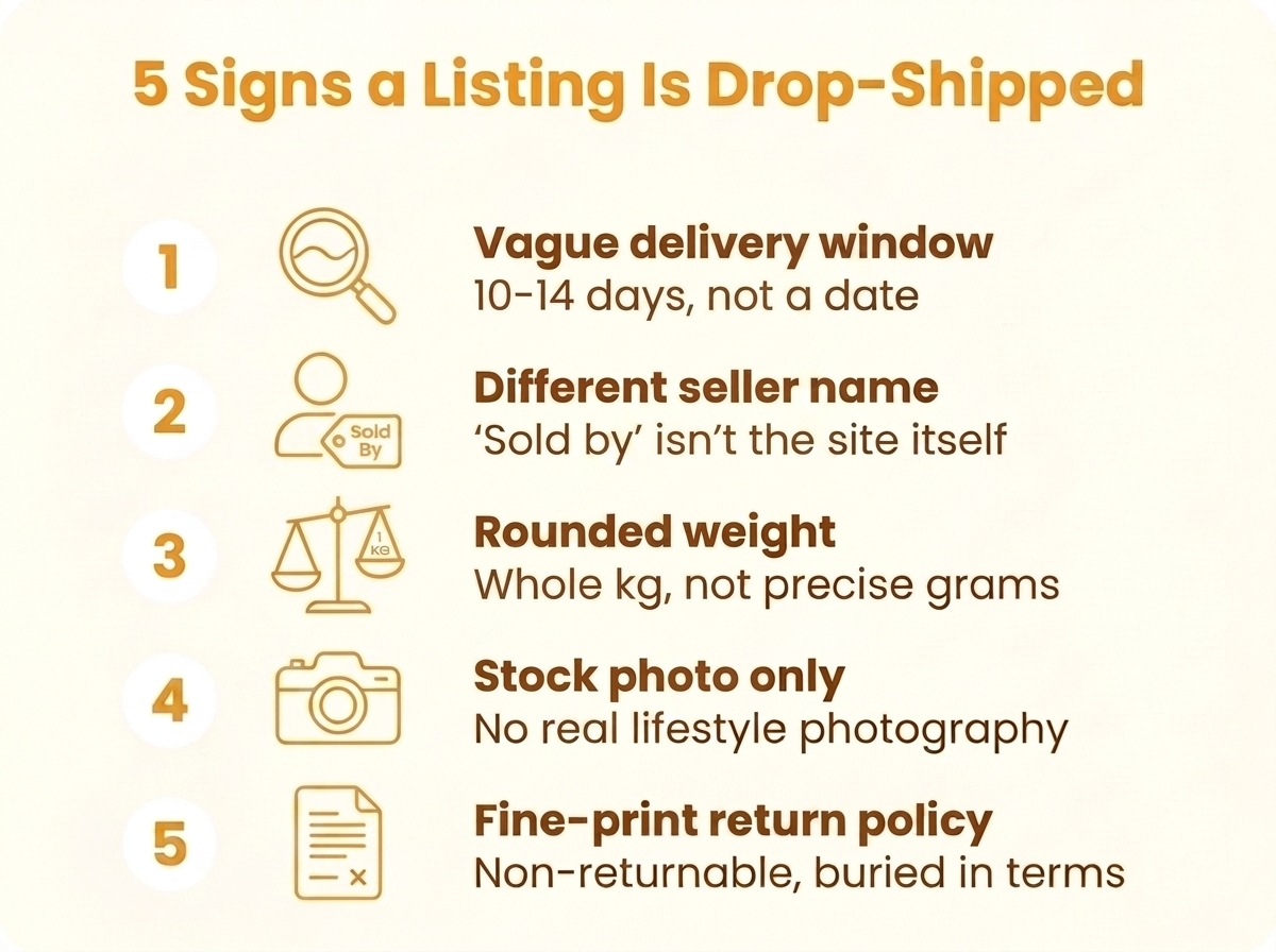 Infographic: 5 signs a marketplace listing is drop-shipped: vague delivery window, different seller name, rounded weight, stock photo only, fine-print return policy