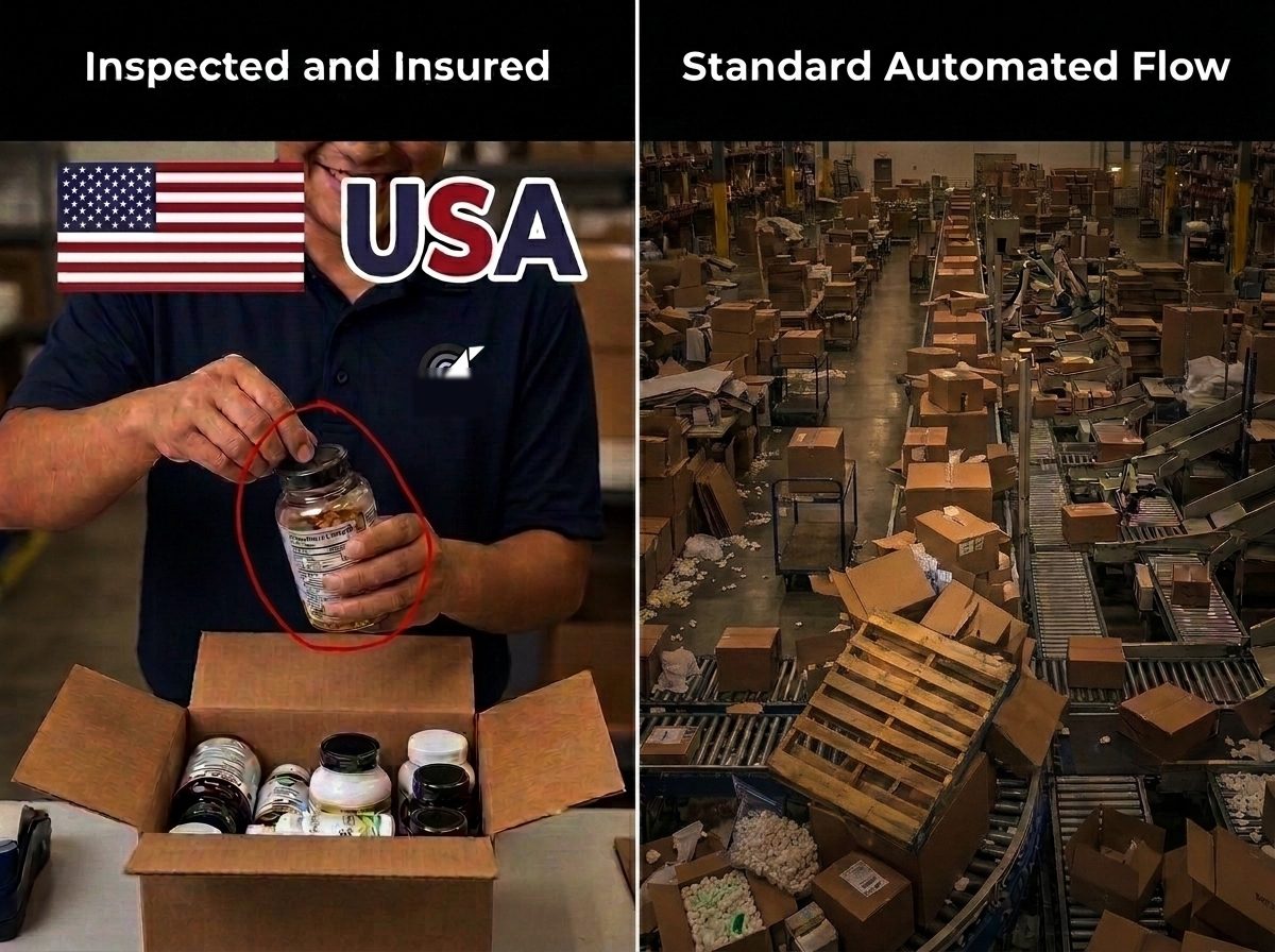Left, labelled Inspected and Insured: a CrowCrowCrow team member in branded uniform holding a supplement bottle up to check it, circled in red, above an open box of sealed USA-sourced supplements. Right, labelled Standard Automated Flow: a high-volume warehouse where cartons move along conveyor lines without being opened.