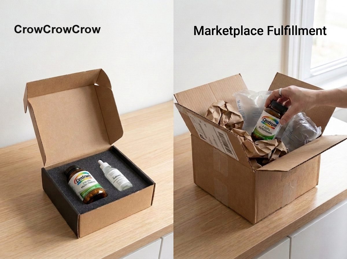 Side-by-side packing comparison. Left, a CrowCrowCrow box: products seated in a fitted foam insert with no loose filler. Right, labelled Marketplace Fulfillment: the same type of product loose in an oversized carton with crumpled paper and plastic void fill.