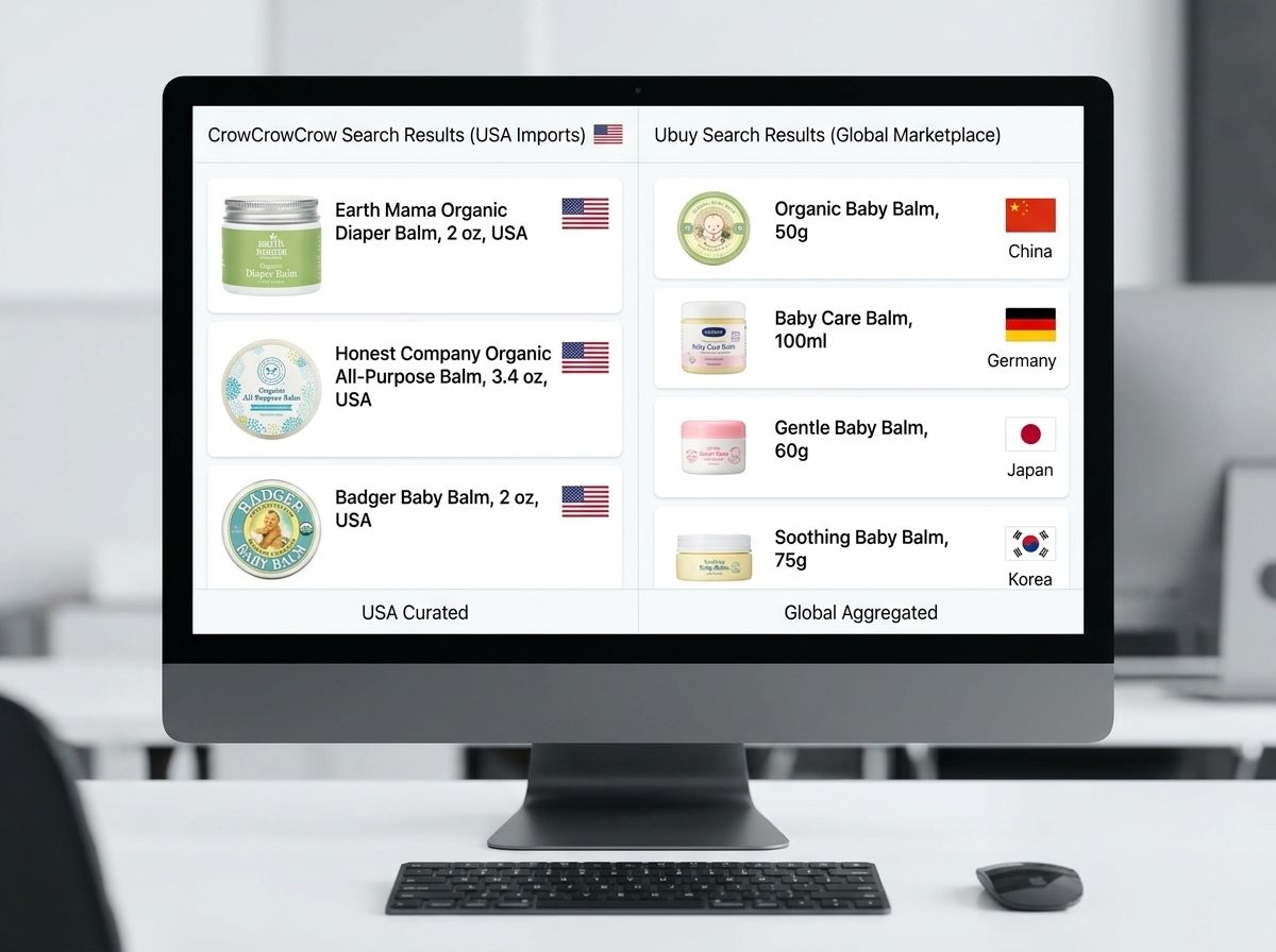Two search result lists side by side for the same query. On the left, CrowCrowCrow results: Earth Mama Organic Diaper Balm, Honest Company Organic All-Purpose Balm and Badger Baby Balm, each flagged USA. On the right, a global marketplace: comparable balms flagged China, Germany, Japan and Korea.